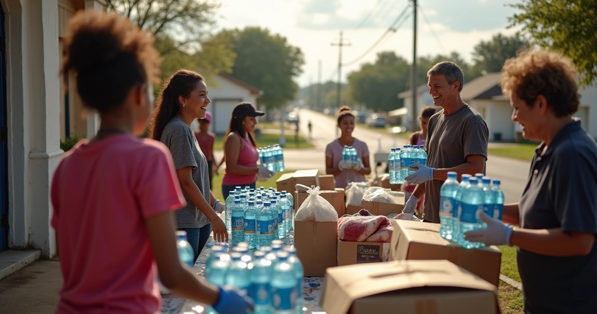 Volunteers pass out water and food at a community church in Kerr County 