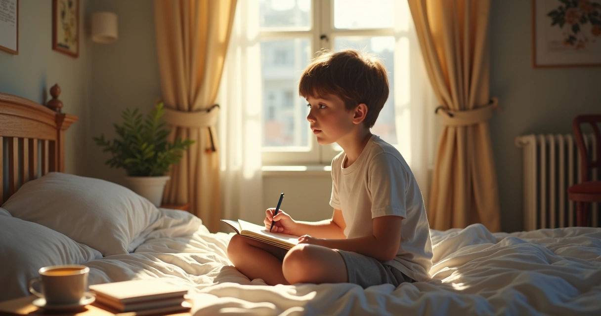 Persona escribiendo una carta y mirando al horizonte