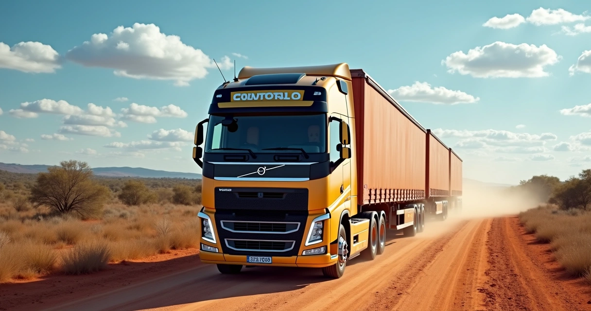 Caminhão Volvo FM percorrendo estrada australiana 