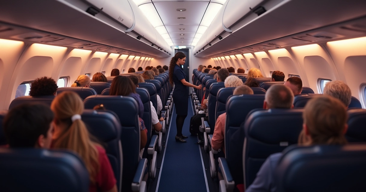 Cabine de avião da American Airlines vista pelo corredor 