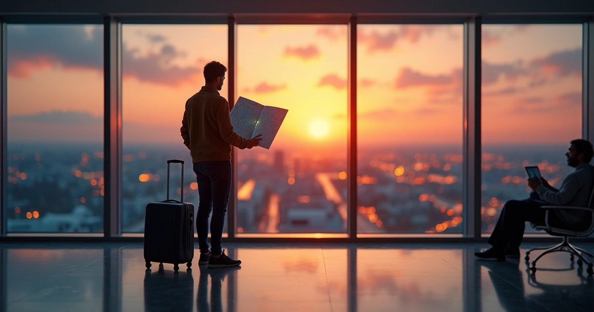 Pessoa com mala olhando um mapa em aeroporto com vista para cidade iluminada ao fundo. 