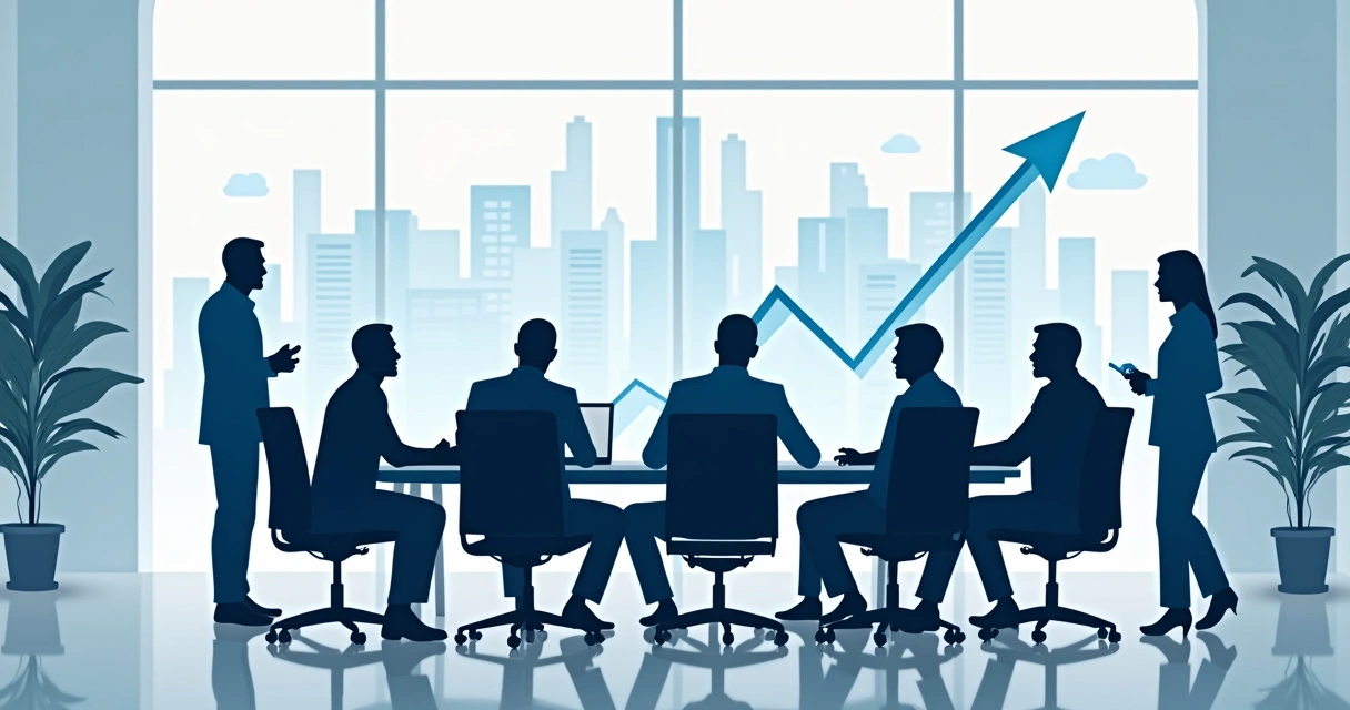 Executivos em sala de reuniões nos EUA com gráfico de tarifas ao fundo 