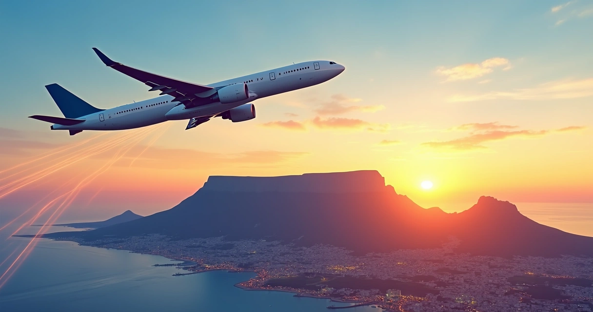 Avião sobrevoando montanhas próximas à Cidade do Cabo ao pôr do sol