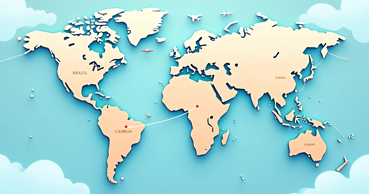 Mapa estilizado mostrando rotas aéreas conectando Brasil, Europa e Caribe 