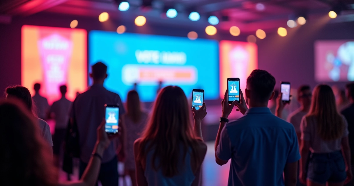 Pessoas votando em evento digital pelo celular, tela mostra contagem de votos em tempo real, ambiente moderno e colorido 