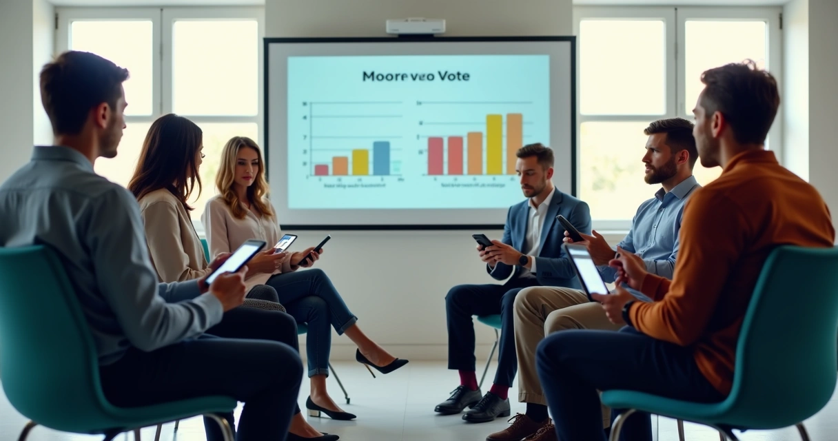 Participantes usando celulares para votar em evento pequeno