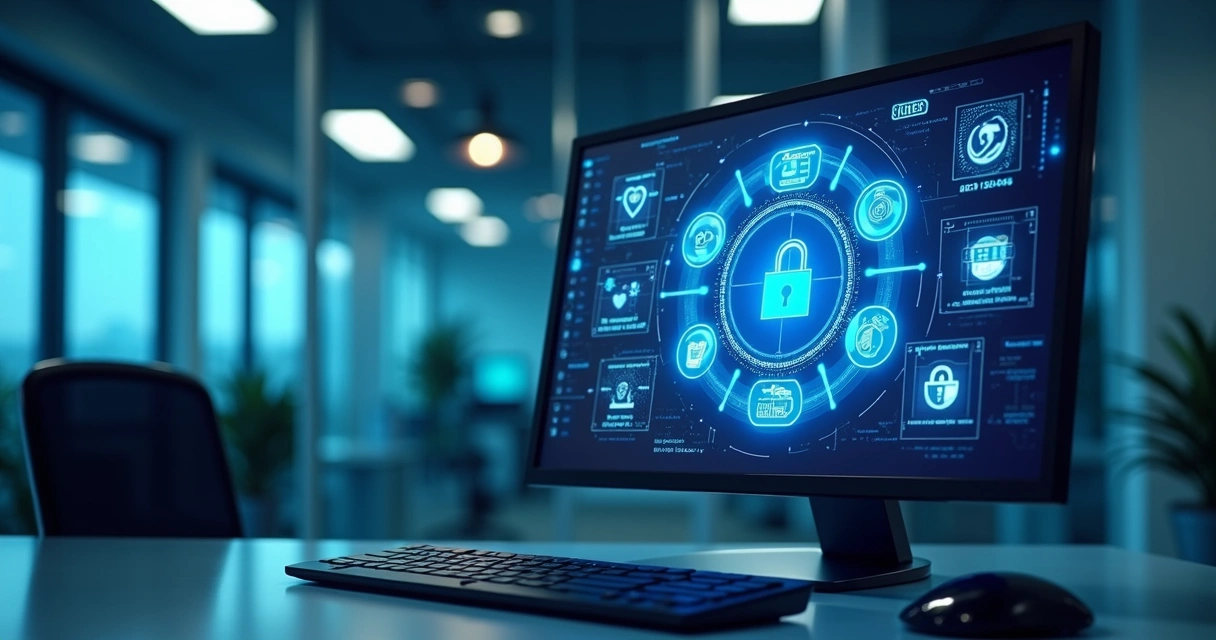 Tela de computador exibindo sistema de votação digital com ícones de segurança e privacidade ao redor 