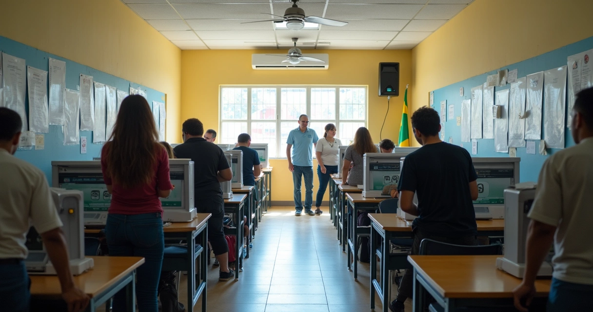 Pessoas votando em urna eletrônica dentro de seção eleitoral no Brasil 