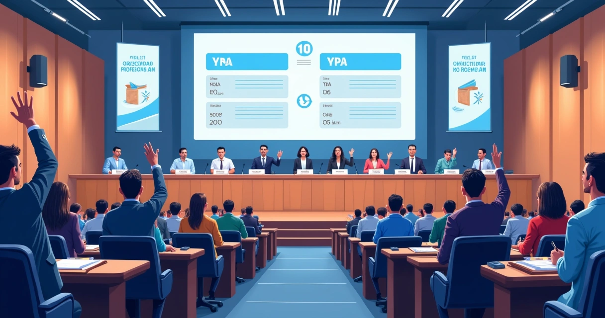 Assembleia de votação de entidade mineira, pessoas levantando mãos em grande auditório, material gráfico institucional 