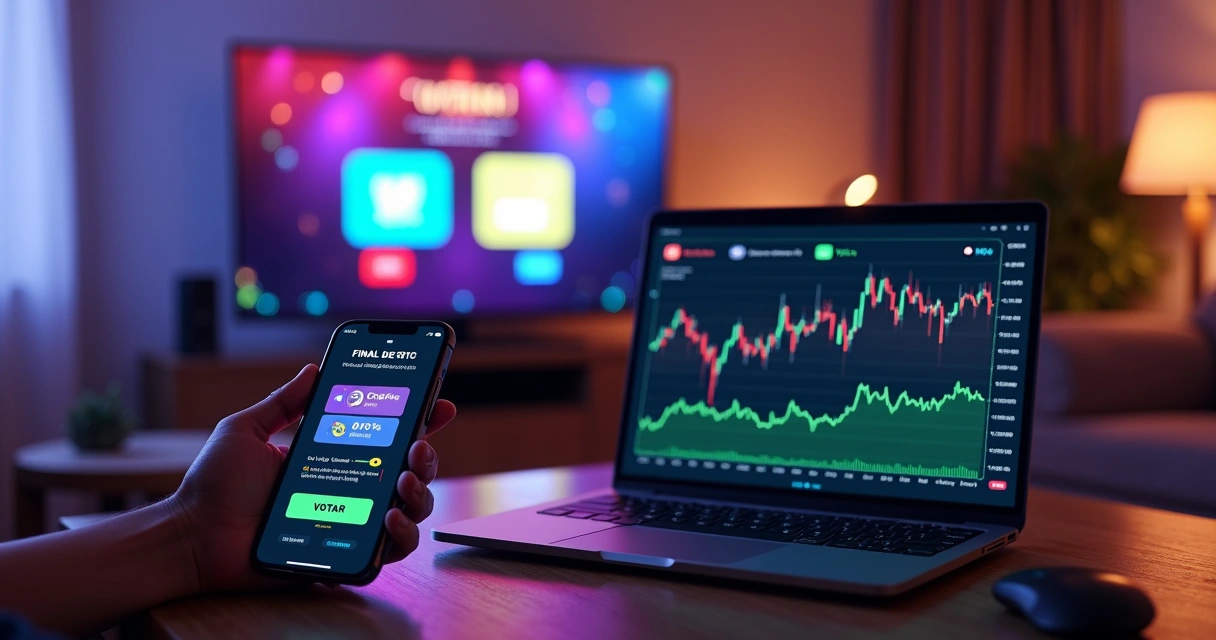 Tela dividida mostrando votação popular em reality show e gráfico de mercado de previsões de TV 