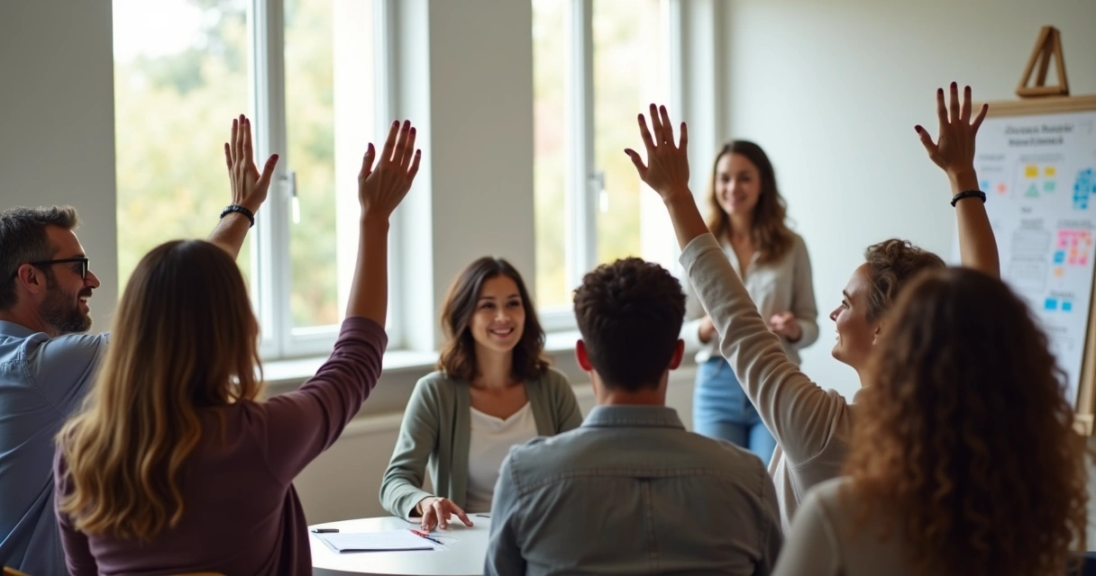 Group raising hands to vote in a well-lit room 