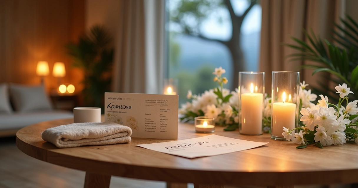 Cartão de voucher presente digital do Kairós Spa, sobre mesa elegante com velas e flores brancas 