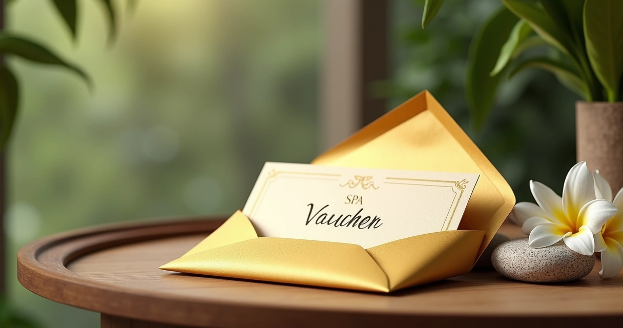 Voucher de spa Kairós presenteável em envelope dourado sobre mesa elegante 