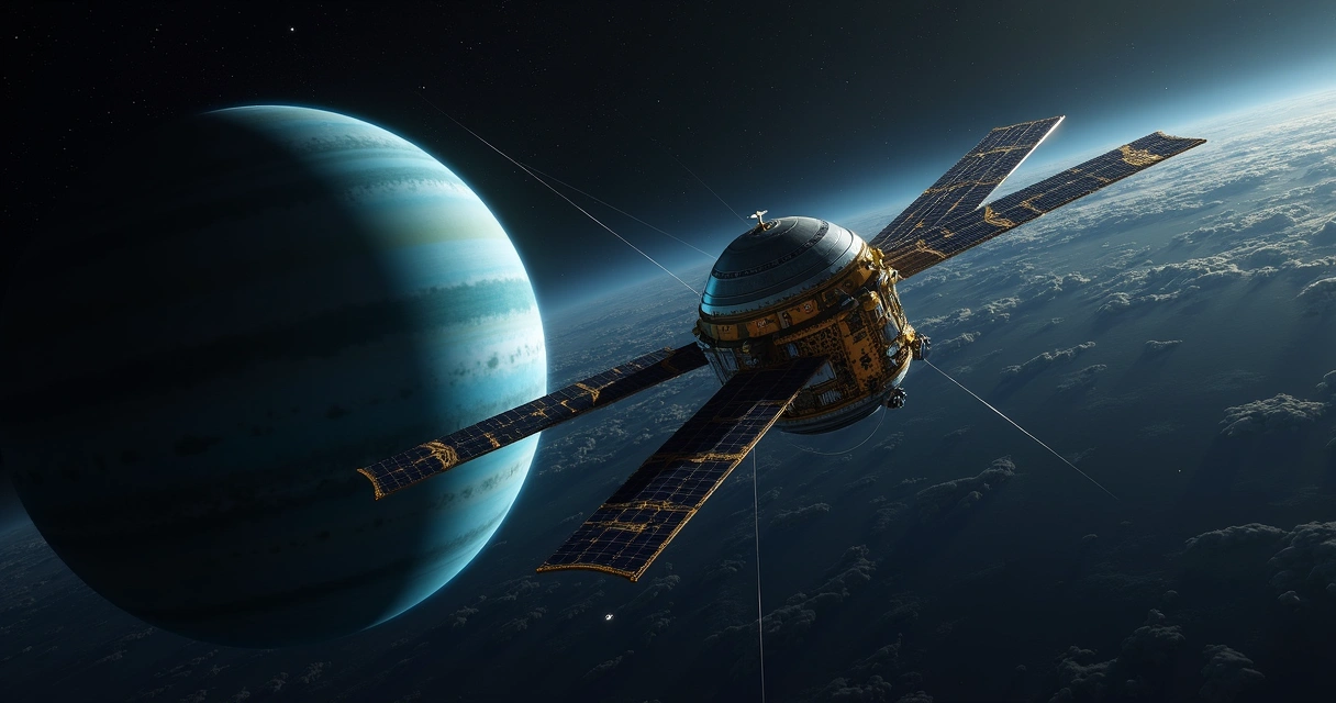 Voyager 2 se aproximando de Urano com Netuno ao fundo no espaço 