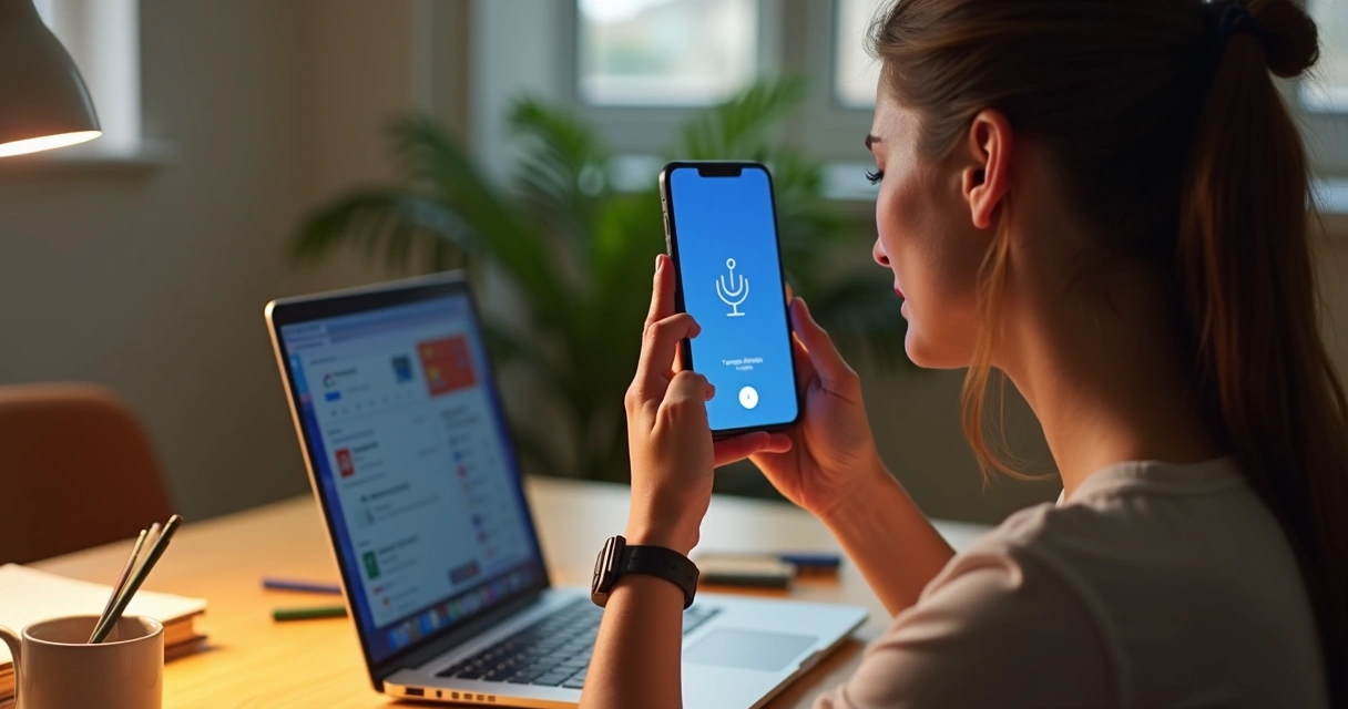 Pessoa dando comando de voz ao app Gemini ao lado do notebook 