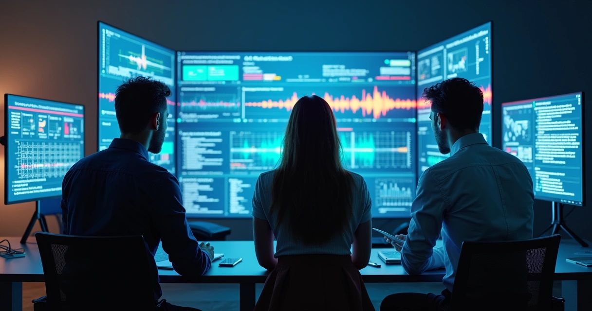 Equipe discutindo assinatura de voz digital em ambiente tech 