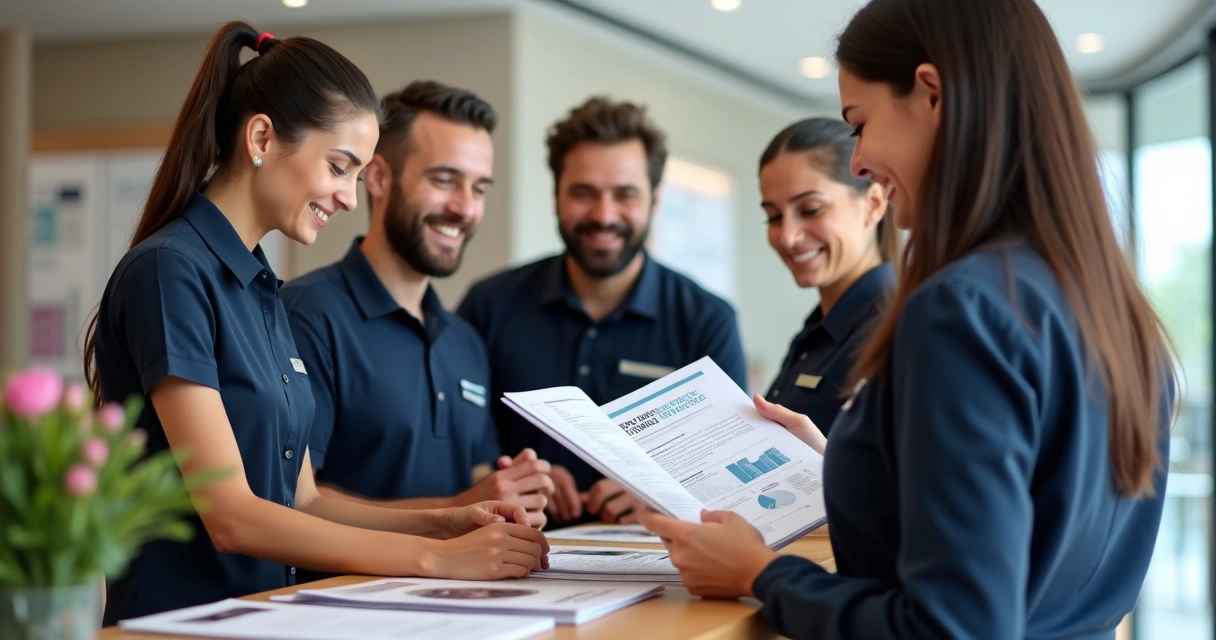 Equipe de hotel segurando manual de comunicação no lobby do hotel