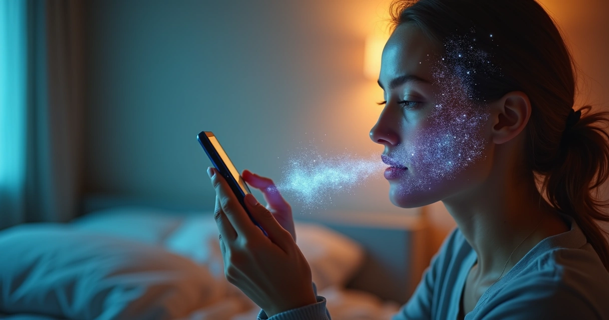 Pessoa usando um smartphone com ondas sonoras visíveis em volta da boca durante reprogramação mental 