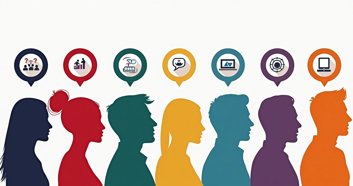 Perfis diferentes de pessoas e balões de fala coloridos