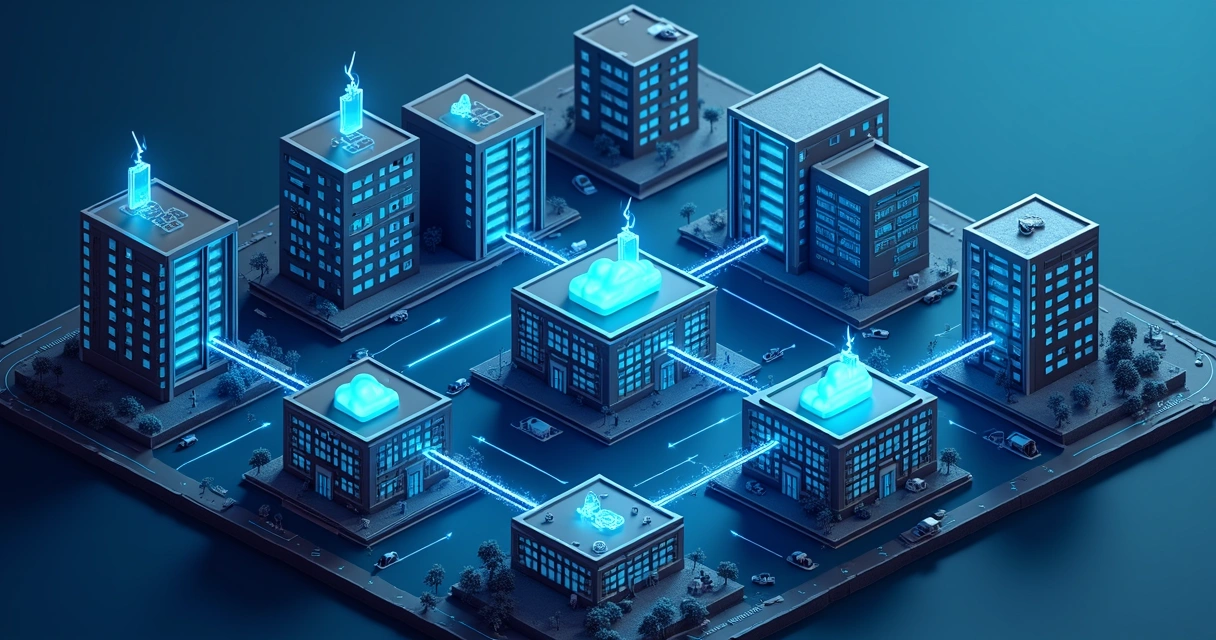 Ilustração de VPN segura entre escritórios e múltiplos ambientes de nuvem