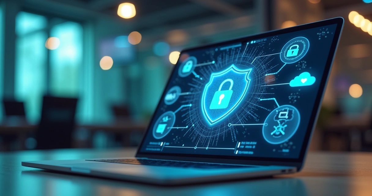 Computador com tela mostrando conexão VPN segura e ícones de rede corporativa ao fundo 