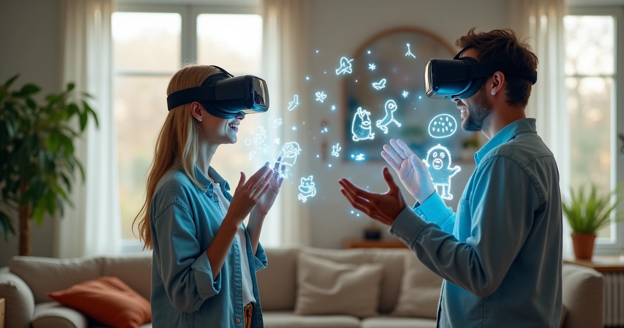 Two friends playing VR together in a living room, holographic game elements around them 