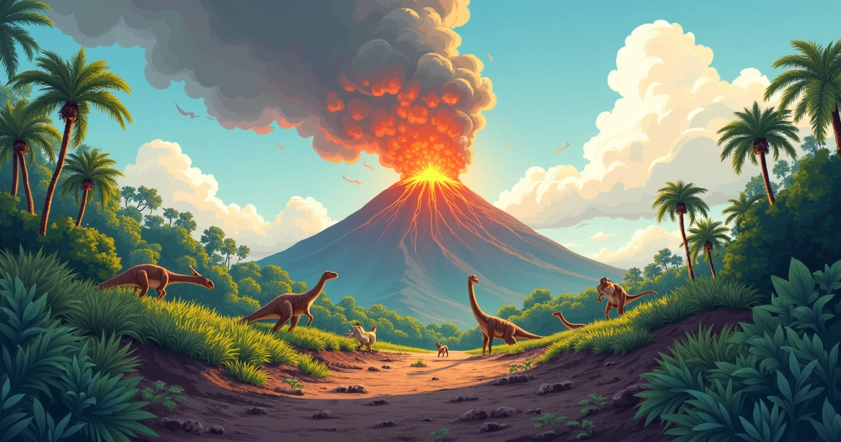 Vulcão em erupção com dinossauros correndo pela floresta 