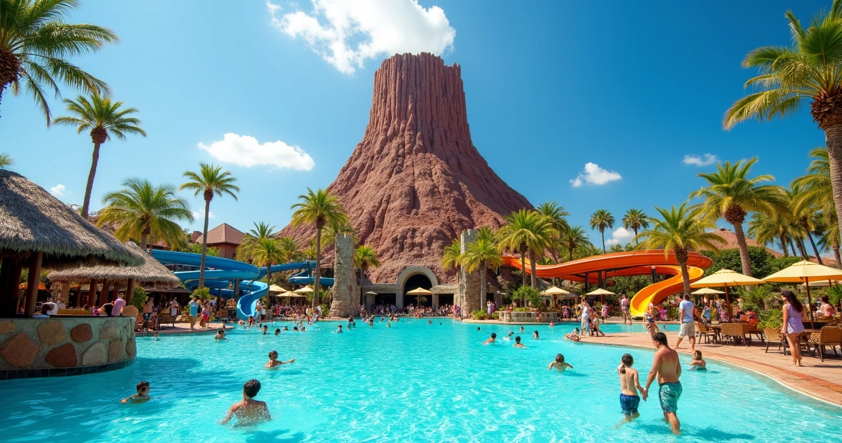Vulcão central do Volcano Bay ao fundo de uma piscina tropical 