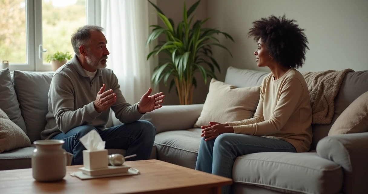 Dos personas charlando en un sofá compartiendo un momento de vulnerabilidad consciente 