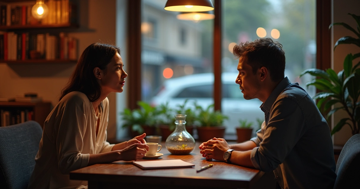 Dos personas compartiendo una conversación íntima en un café tranquilo 