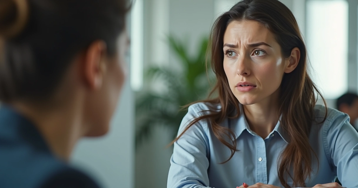 Dos personas en una reunión, una muestra inseguridad al hablar