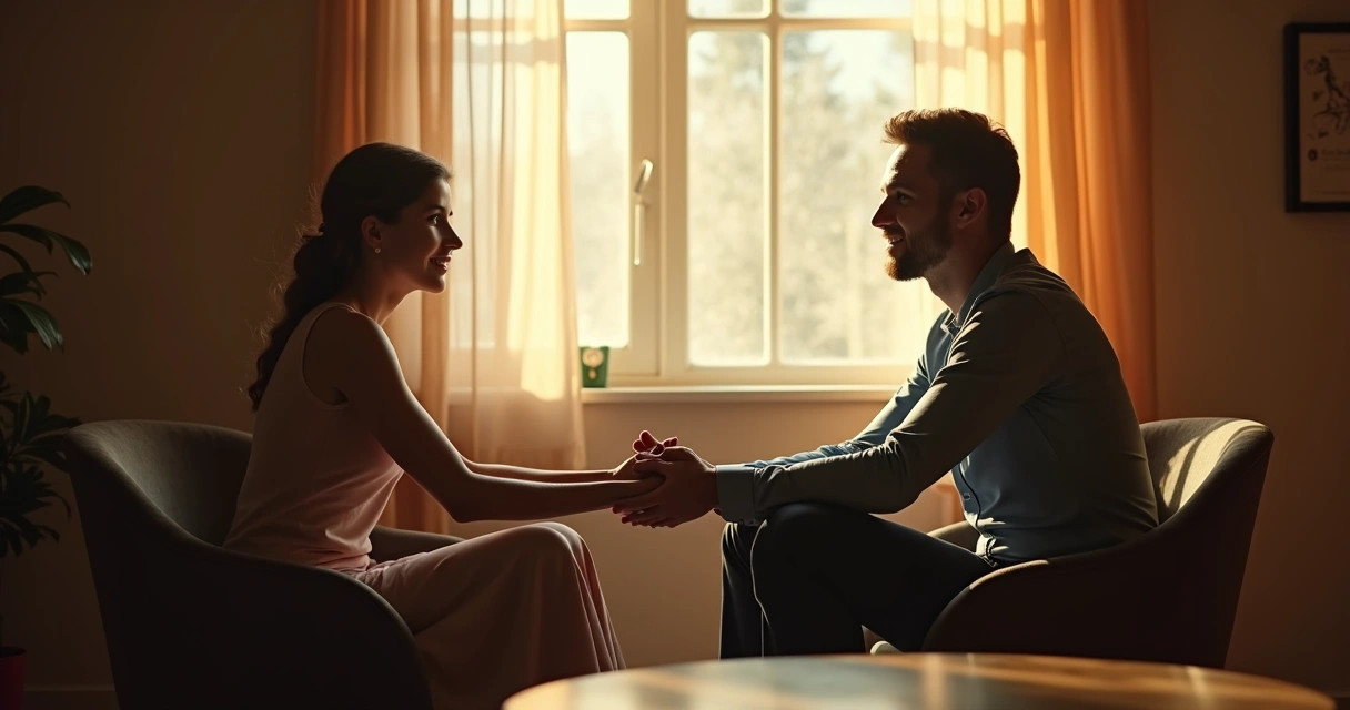 Duas pessoas sentadas frente a frente, conversando de maneira aberta e relaxada 