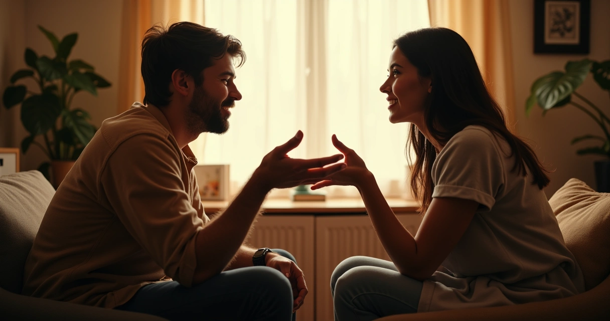 Duas pessoas conversando sentadas frente a frente, em ambiente tranquilo, simbolizando conexão emocional 