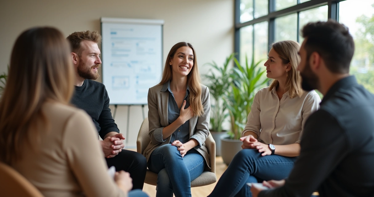 Equipe em reunião de trabalho com uma pessoa se abrindo com sinceridade enquanto os colegas escutam com atenção 