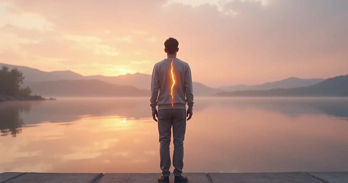 Pessoa com peito refletindo rachadura iluminada diante de lago calmo ao entardecer 