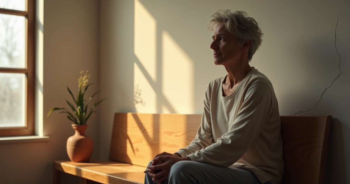 Pessoa sentada refletindo com contraste entre força e fragilidade 