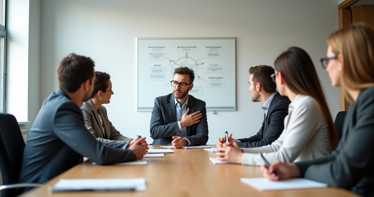 Equipe em reunião de trabalho com uma pessoa se mostrando vulnerável e sendo ouvida com respeito 