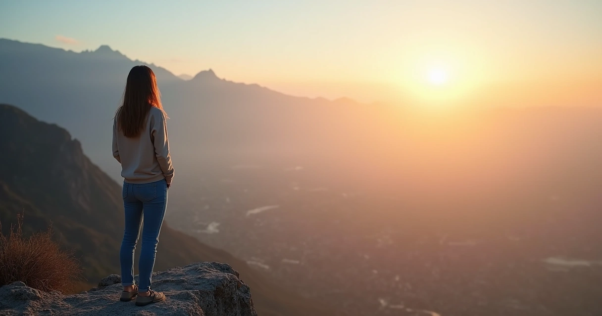 Pessoa em pé à beira de um penhasco olhando para o horizonte ao amanhecer 