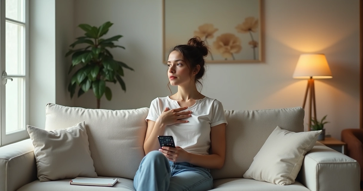 Mulher sentada em sofá dividida entre expressar vulnerabilidade e exposição emocional exagerada 