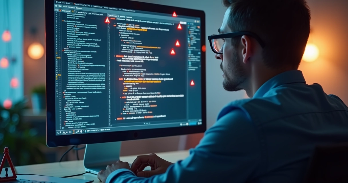 Homem sentado diante de código de site com alertas de falhas visíveis 