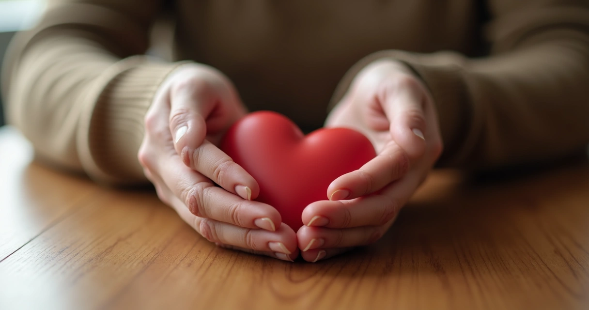 Two hands gently resting on a heart-shaped object 