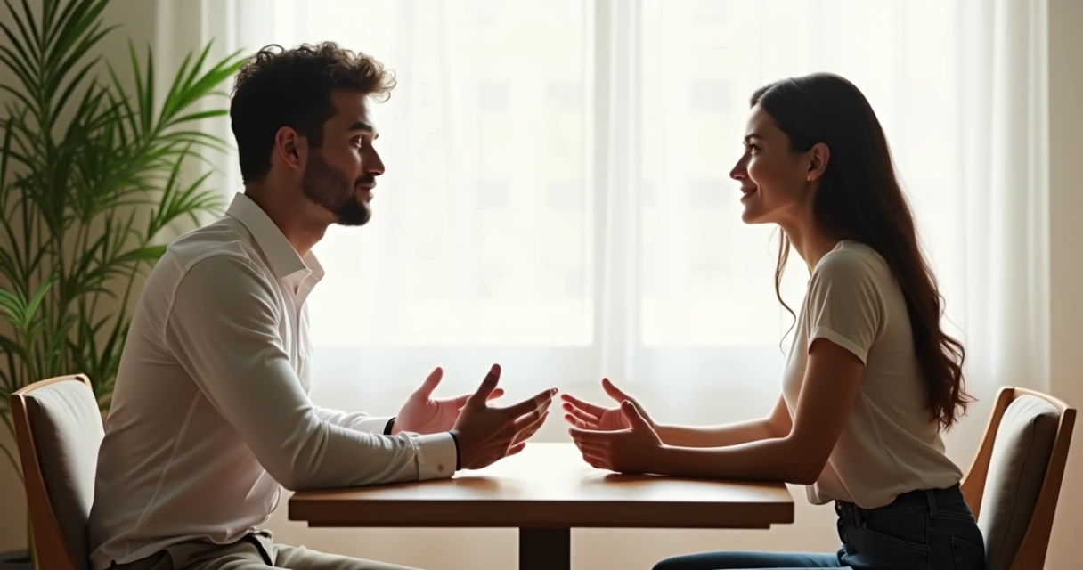 Two people having a serious conversation at a small table 