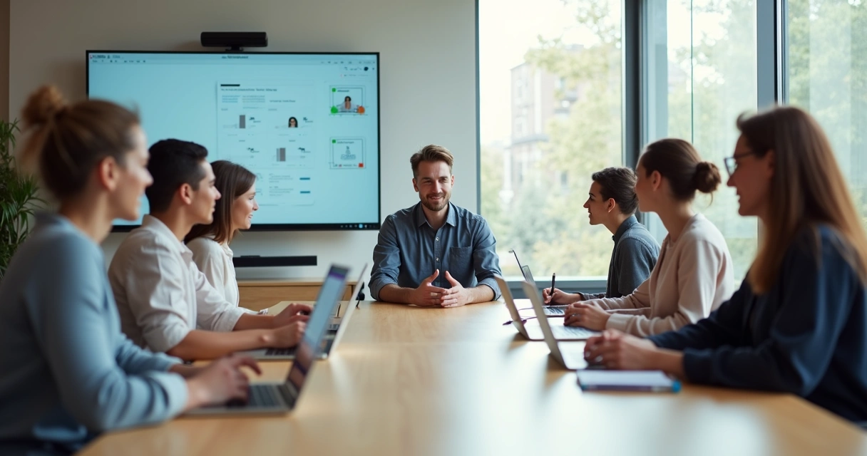 Leader sharing openly with diverse team in modern office meeting 