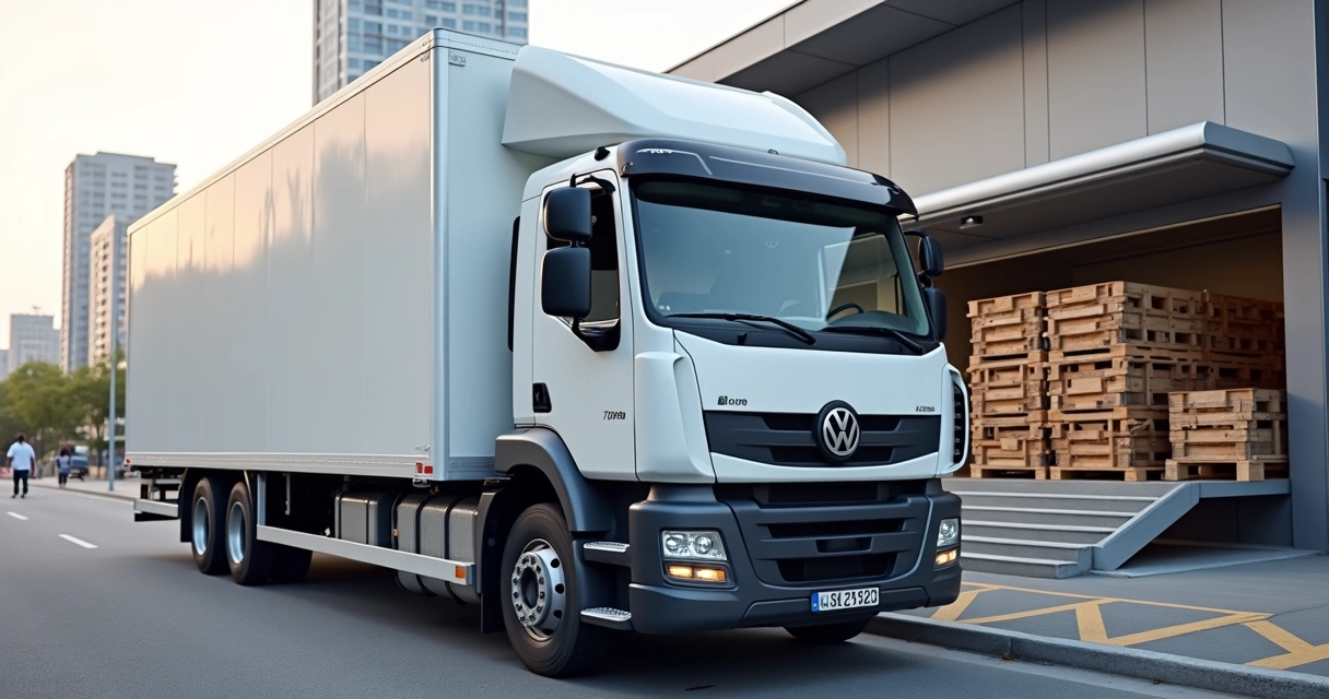 VW Delivery 14.180 com terceiro eixo carregado em área urbana de distribuição 