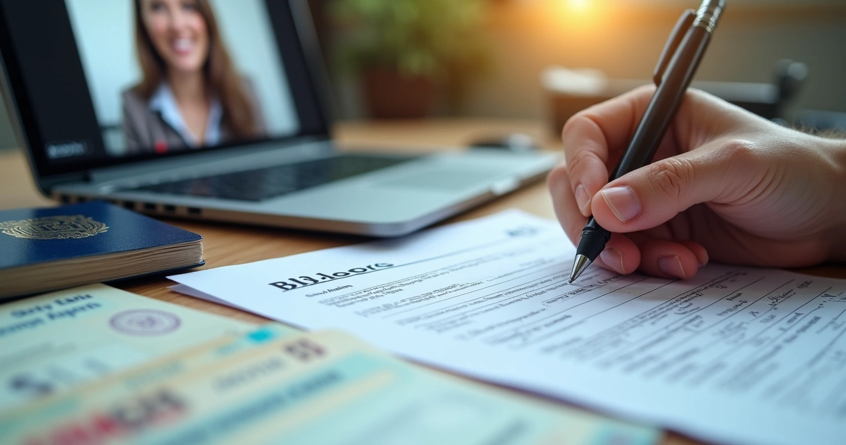 Filling Form W-7 with passport and documents, acceptance agent assistance shown on screen