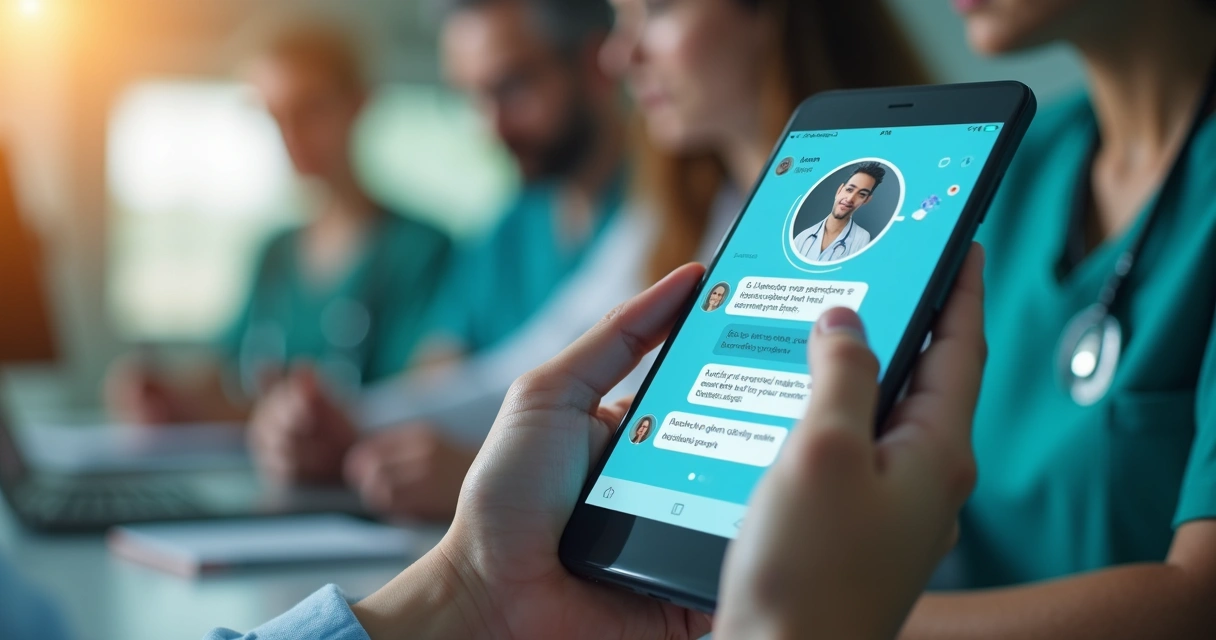 Chatbot interagindo com paciente em tela de smartphone, mensagens sendo classificadas 