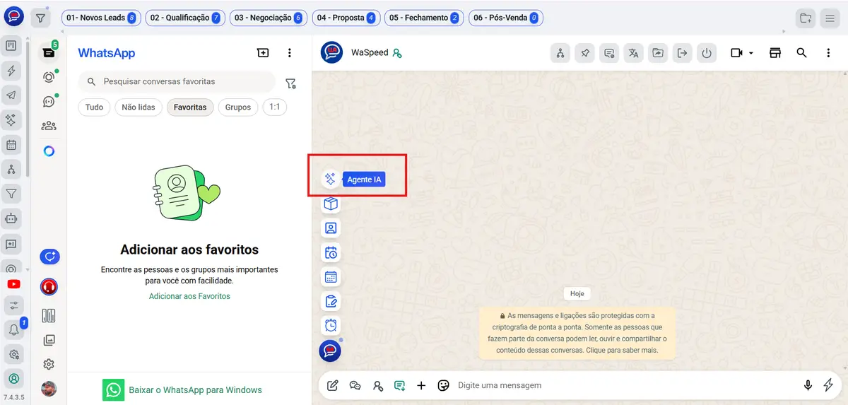 Interface do WaSpeed mostrando o botão Agente IA em destaque na área de mensagens do WhatsApp