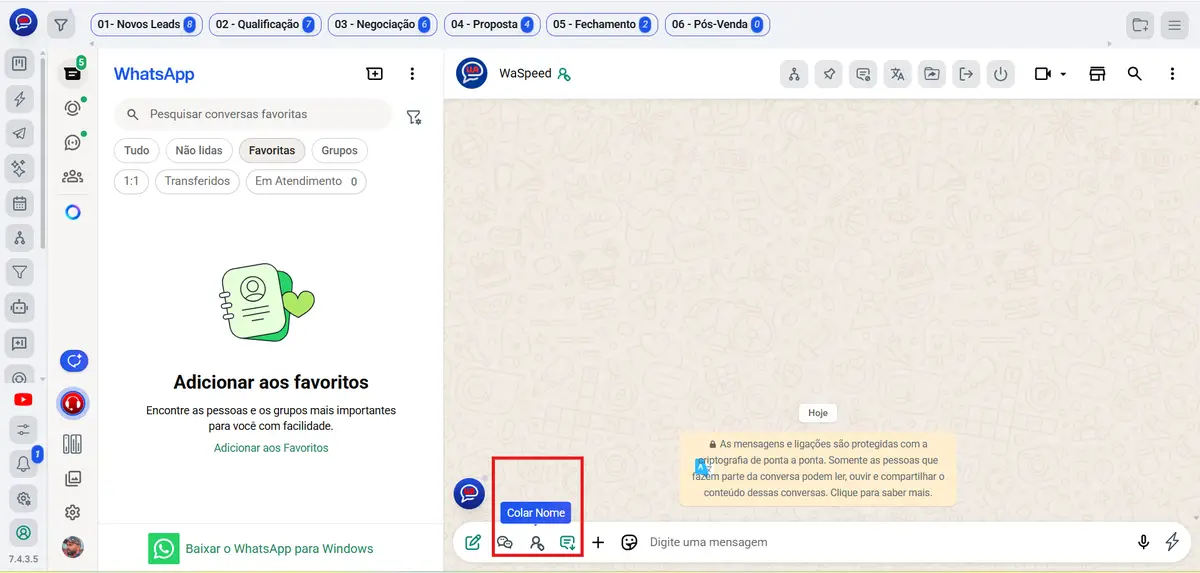 Tela do WaSpeed integrando com WhatsApp Web mostrando a opção de colar nome do contato na conversa, uma maneira prática e rápida de forma que o usuário não precisa ficar digitando nome para enviar mensagens.