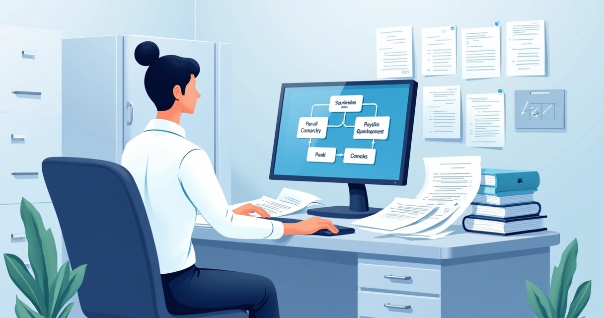 Payroll manager reviewing garnishment orders at a desk with paperwork, computer, and company files 