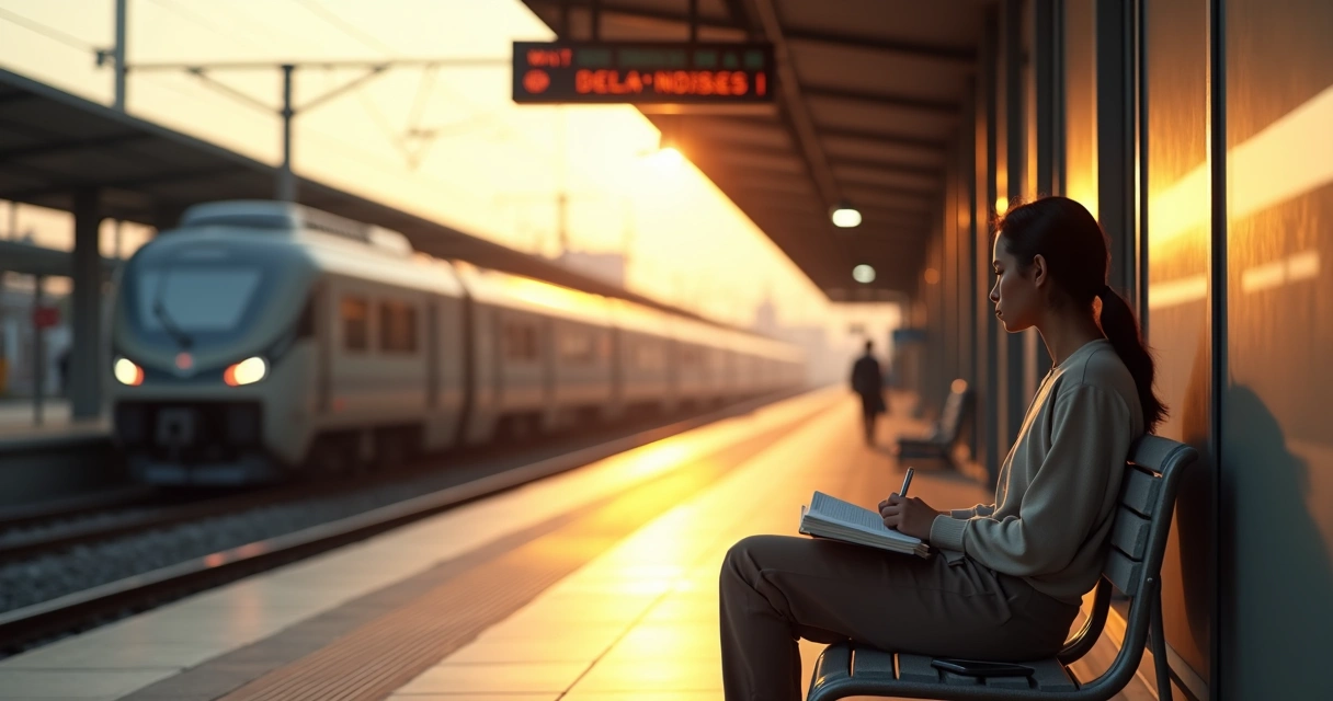 Person seated at quiet train platform turning a delay into reflection time 